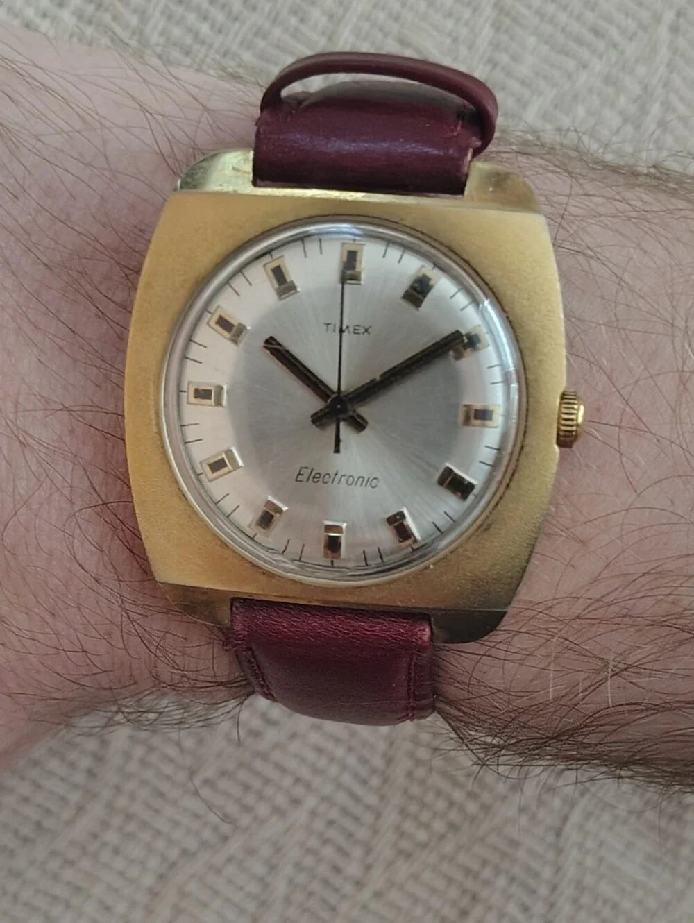 Vintage Timex Gold-Tone Electronic Watch with Burgundy Strap